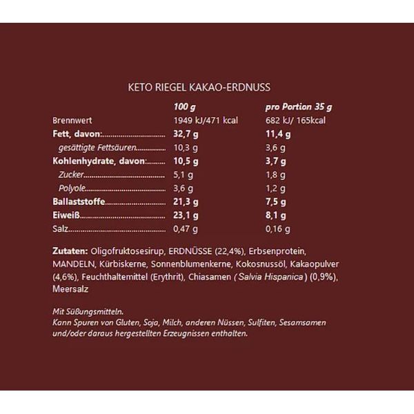 Keto Vitality Riegel 35g Kakao Erdnuss zuckerreduziert 