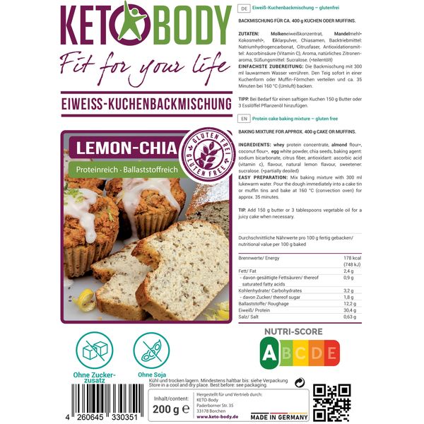 KETO-Body Low Carb Eiweiß Kuchen Backmischung Lemon-Chia 200g